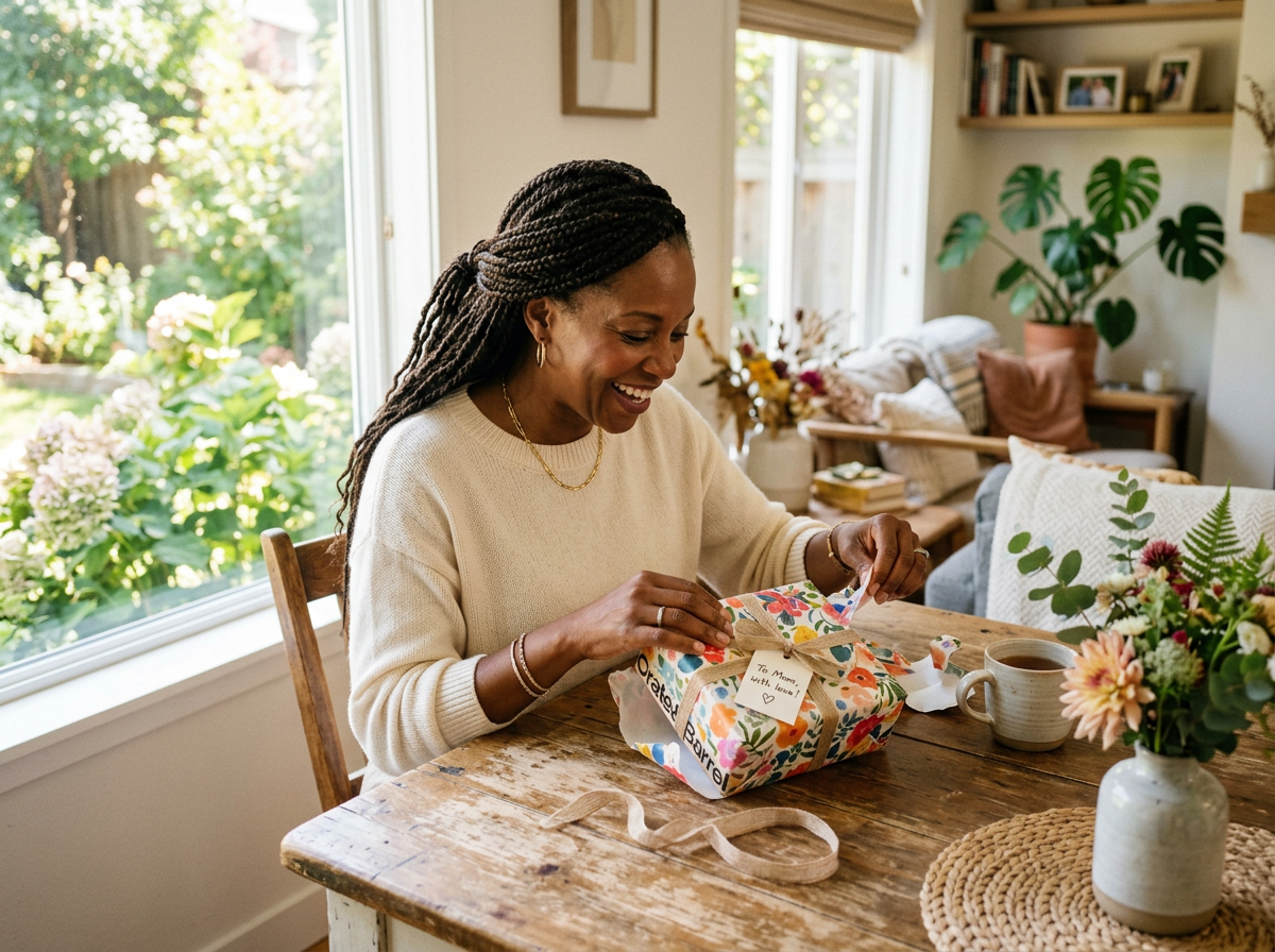 Mère élégante d'âge mûr ouvrant un cadeau Fête des Mères original sur une table en bois